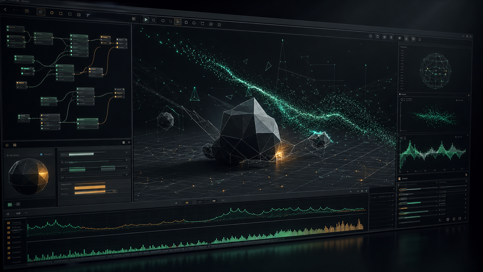 Stylized in-engine viewport with shader and production overlays